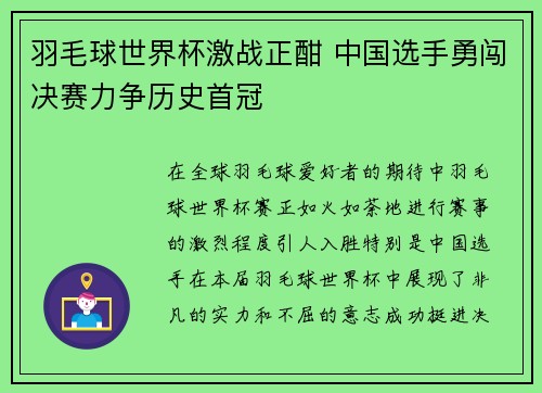 羽毛球世界杯激战正酣 中国选手勇闯决赛力争历史首冠