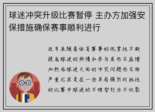 球迷冲突升级比赛暂停 主办方加强安保措施确保赛事顺利进行
